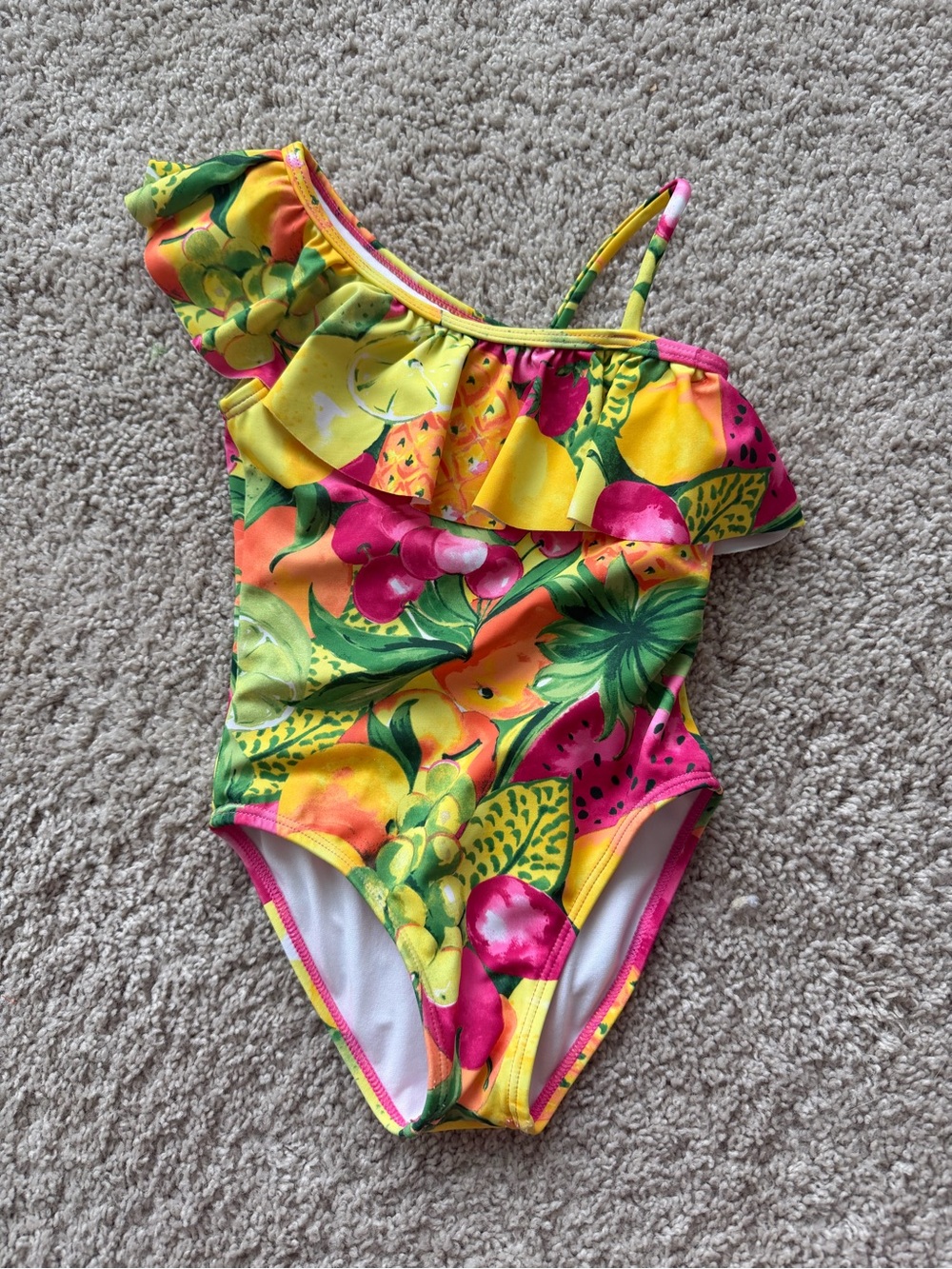 Janie and Jack One-Shoulder Ruffle Fruit Print Swimsuit - Yellow, Pink, Green